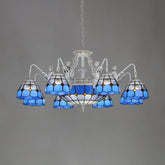 Tiffany Domed Chandelier Lamp - White/Antique Brass - 11 Lights - Stained Glass Hanging Light